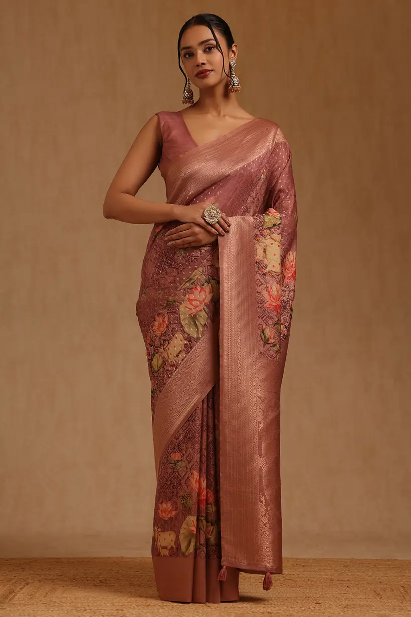 peach dola silk mahubani printed saree womens